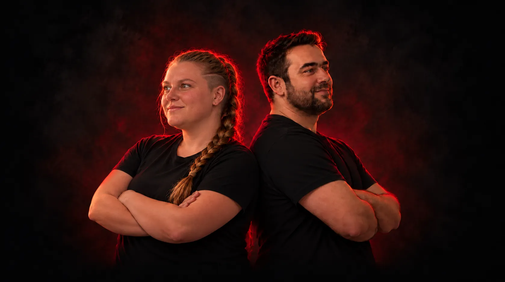 A stylised portrait of two friends, the Arrenix founders, standing back to back with arms folded.
